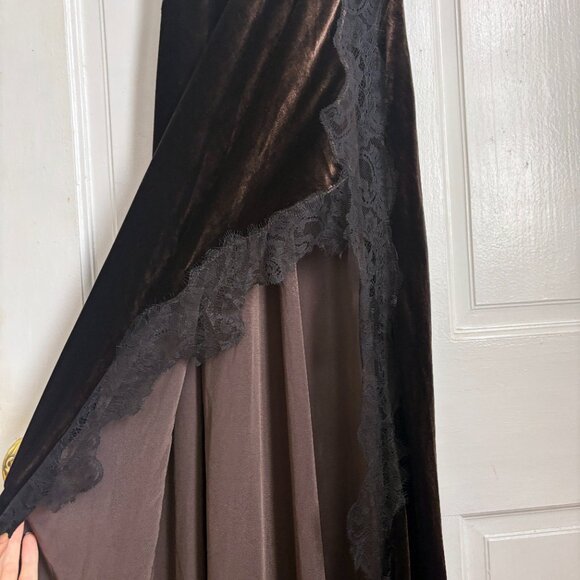 Jen Ceballos x Mango Dress Brown Velvet Black Lace Trim Maxi Long Wedding Guest - Picture 10 of 16